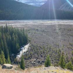 Blick hinab ins breite Kiesbett des Sunwapta River.