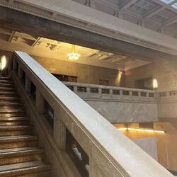 Up the stairs to the start of the exhibition