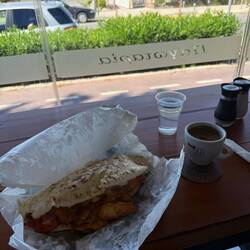 Chris' Greek coffee and a pita for lunch