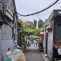 A couple strolls down a hutong.