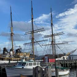 A trible mast ship being refitted for a round the world trip