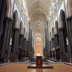 Facing back from the gothic section to the modern entrance