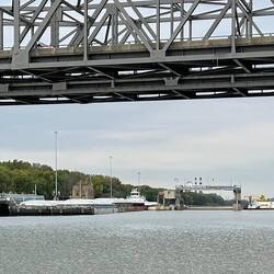 The tow delaying us at Peoria Lock pushes out of the chamber
