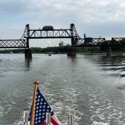 Departing Peoria Lock beneath the Chicago & North Western Railroad bridge