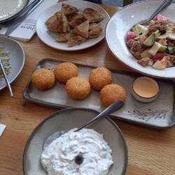 Schafskäse mit Honig und Sesam, Käsebällchen, kretischer Salat, Zatziki & Pitabrot