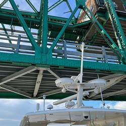 Sliding under the highway bridge at Hardin