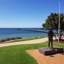 Streaky Bay jetty - the statue is Kevin McEvoy - Melb Cup jockey