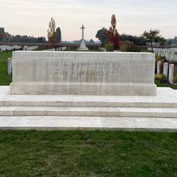 Rue Petillion Cemetery. Rudyard Kipling's words are on the stone block, his son was killed in WW1