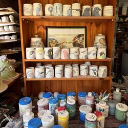 Bird pots waiting to be fired in Kieran's studio