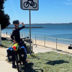 Watching out for bikes on the edge of Botany Bay