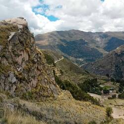 Typical landscape on the plateau: eroded lava flows, fields and villages