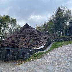 Ancient traditional houses called pallozas, a Celtic design found in this part of Galicia.
