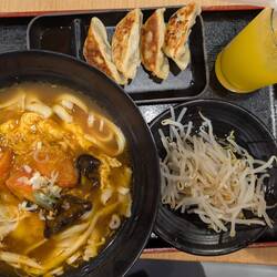 Noodles with egg and tomato, pork dumplings, extra beansprouts