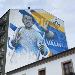 Mural of the priest who painted the yellow arrows and revitalized the Camino in the 70's.