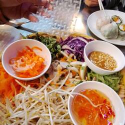 For dinner we went to a Vietnamese place; the (edible) rice paper wrap was new to us!