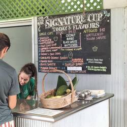 Ijs, met vier verschillende smaken van plaatselijk fruit