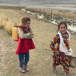 Cute little girls in their best dress to collect all sorts of poop.