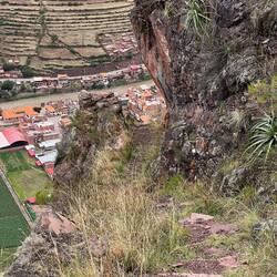 Our path looking very exposed with the modern town of Pisaq below
