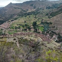 Top view of one of the little settlements of Inca times. Modern village in the background