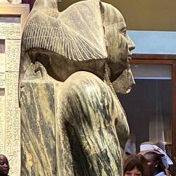 Khafre, who commanded the second pyramid and the Sphinx, crowned by Horus for uniting the two Egypts