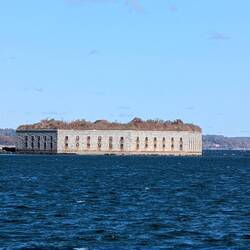 Fort Gorges, a former military fort located on Hog Island Ledge in Casco Bay, Maine.