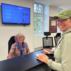 Getting my Compostela from sweet Deidre from Ireland. She made me cry!