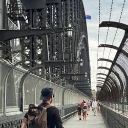 Crossing the Sydney Harbour Bridge. Great views, bit grey.