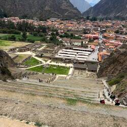 View of Ollantaytambo from the sunny side