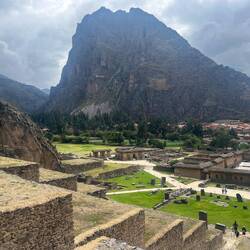 Looking down the terraces across to the calendar mountain