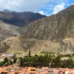 View of the main temple from the stores, on the shady side of the mountain