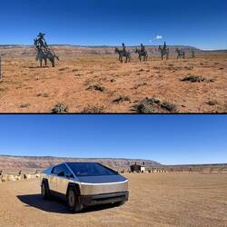 Vor der Rest Area gibt es diese Stahlkonstruktion um zu verdeutlichen, wie man hier früher reiste