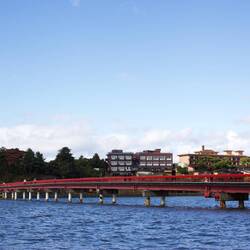 Red bridge connecting the island to the mainland