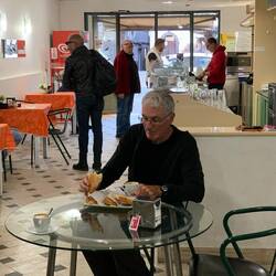 Coffee and shared sugar for breakfast. Our frontdoor in background