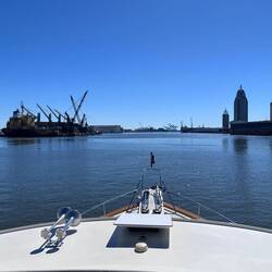 Looking down the river, through the port, toward the bay