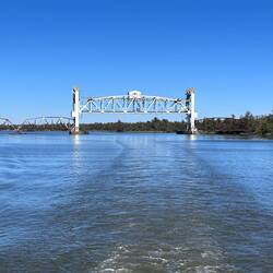The CSX Railroad lift-bridge. No trains just now. A barge tow will follow us through.