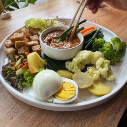 Gado gado. An Indonesian meal of peanut sauce, veggies, eggs and tempeh.