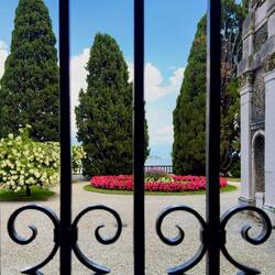 Color through a wrought iron gate — Isola Bella, Stresa.