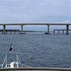 This was a familiar sight for us on the Atlantic ICW. The old bridge remains as a fishing dock.