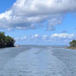 Bye, bye Choctawhatchee Bay and an unfortunate boater's folly. The Bay Causeway and Bridge recede.
