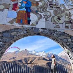 Getting photo bombed at the Russia-Georgia Friendship Monument