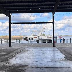 "45 North" moored at the Apalachicola Ice Co. wharf on Water St