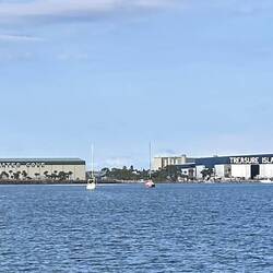Departing our marina. Across the lagoon, they're big on Robert Louis Stevenson