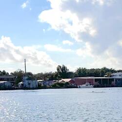 A view across Scipio Creek at what will be our berth on the Ice Co wharf, with Water St beyond