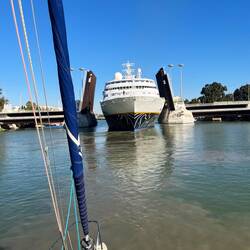 With precision the Hamburg backs up into the small opening of the draw bridge