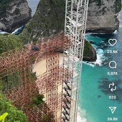 Image taken from Instagram of the glass elevator built into the cliff at Kelingking.