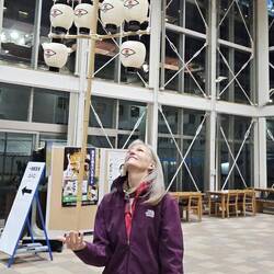 In the pier terminal, Janine got to try balancing the lanterns. She did pretty well!