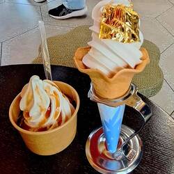 Snacktime! Vanilla ice-cream w/ sweet soy sauce (L) & gold-plated ice-cream in a cone (R).