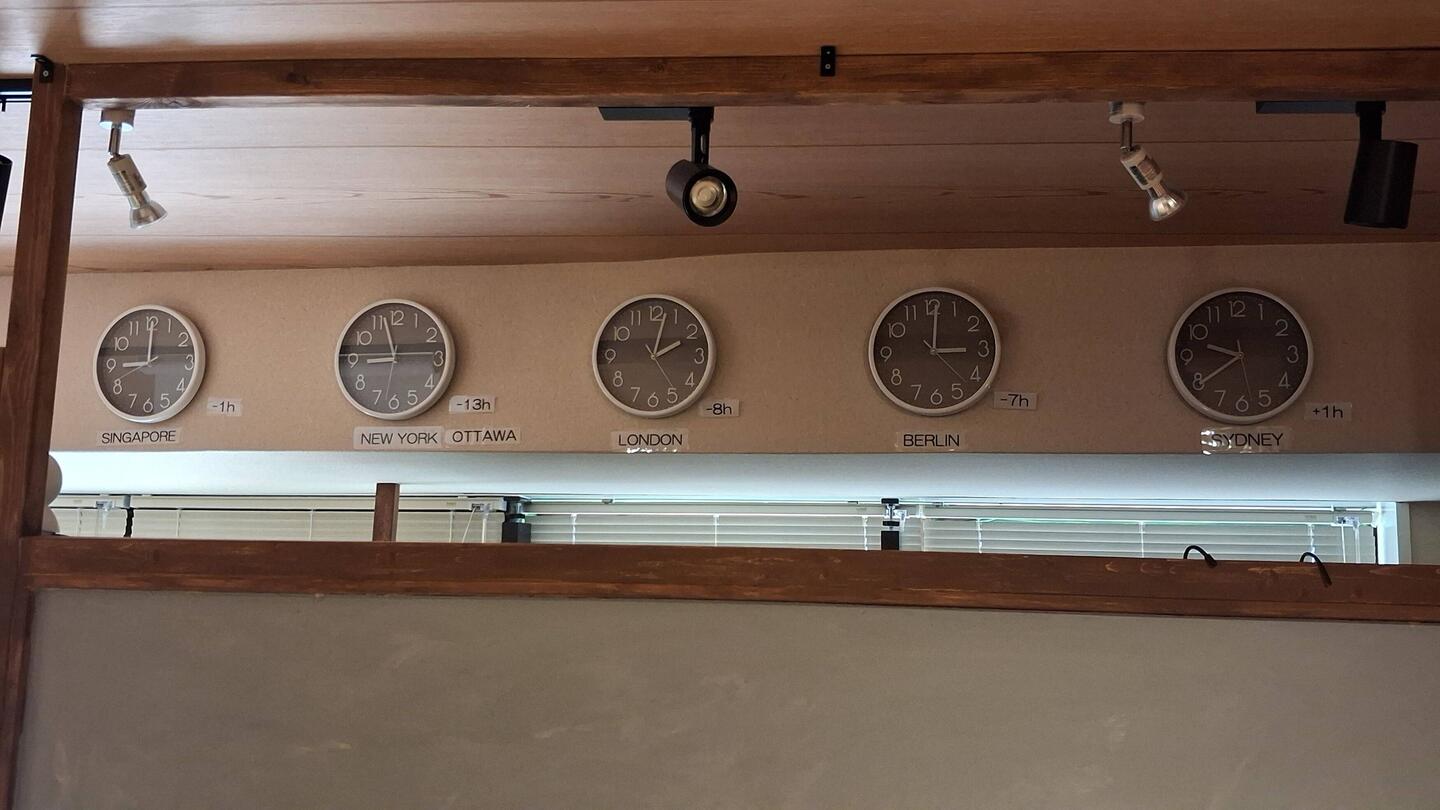 Beim Ranzoomen erkennbar: Weltuhren im Foyer desHilo- Hostel in Nara