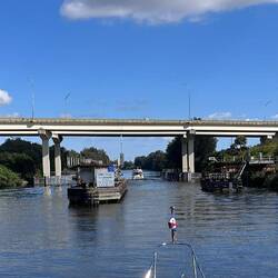 The railroad swingbridge at Indiantown is ahead; the US-710 bridge is beyond