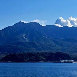 View of Sakurajima from the ferry. That's volcanic steam up there, not clouds.